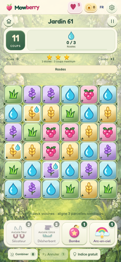 Le plateau de Mowberry : des récoltes à aligner, des gouttes de rosée et les outils de jardinage