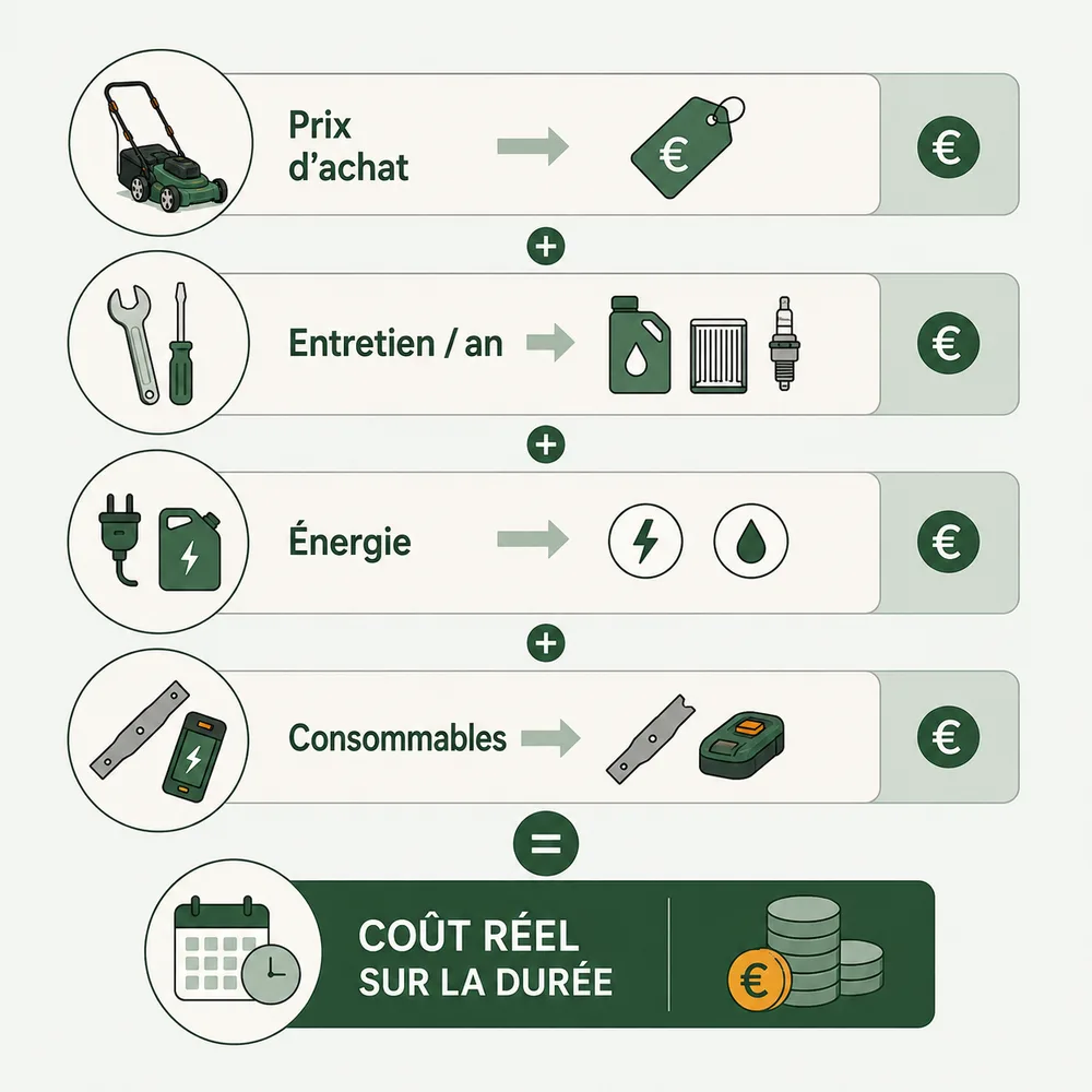 Schéma du coût total d'une tondeuse : achat, entretien, énergie et consommables