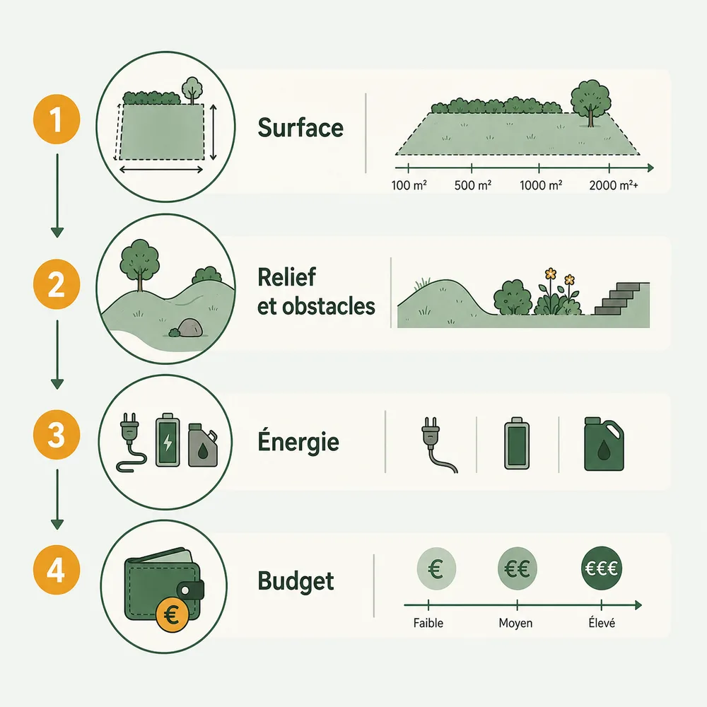 Schéma des quatre critères pour choisir sa tondeuse : surface, relief, énergie, budget