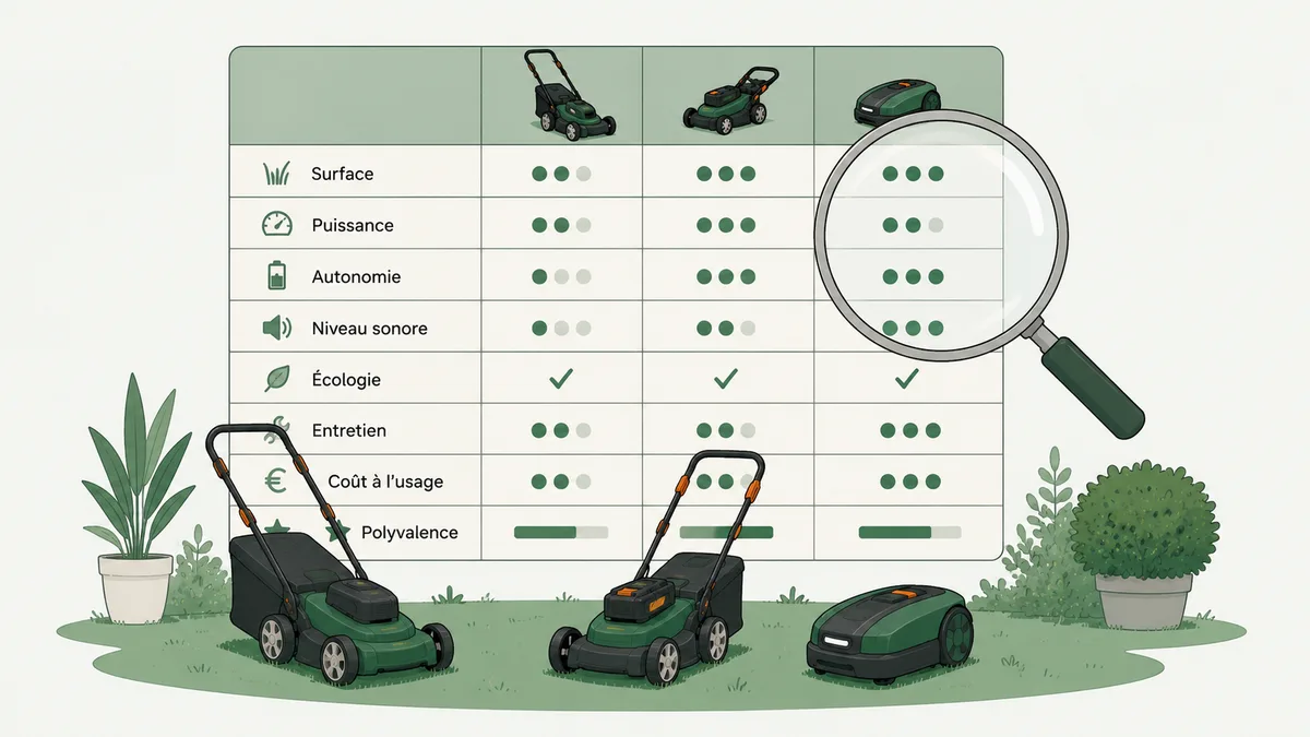 Grille de comparaison des tondeuses selon plusieurs critères (surface, puissance, autonomie, bruit…)