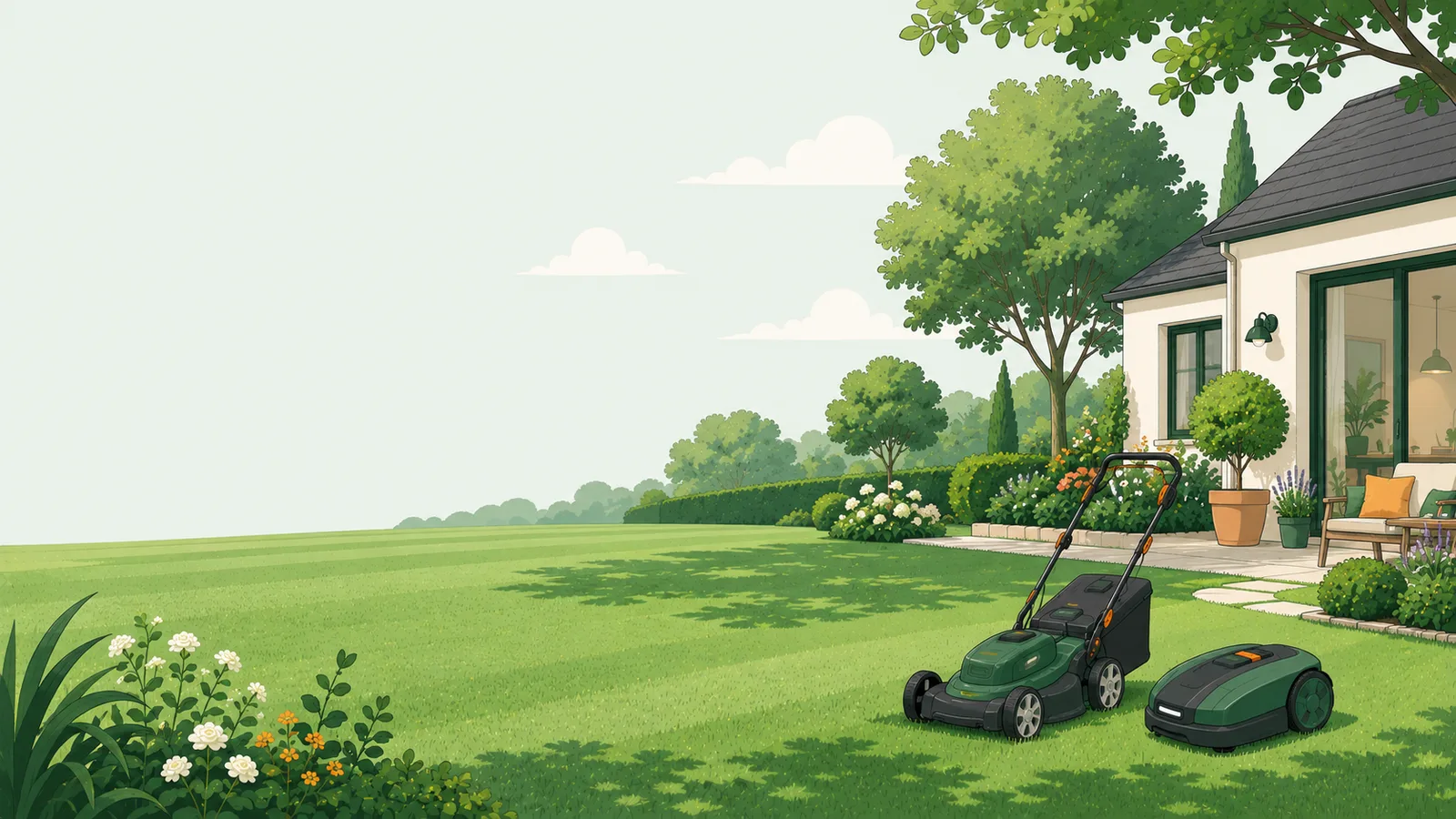Jardin résidentiel avec une tondeuse et une tondeuse robot sur la pelouse