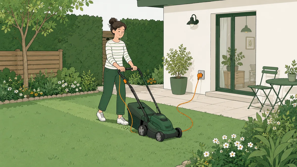 Tondeuse électrique filaire sur la pelouse d'un petit jardin, reliée à une prise extérieure