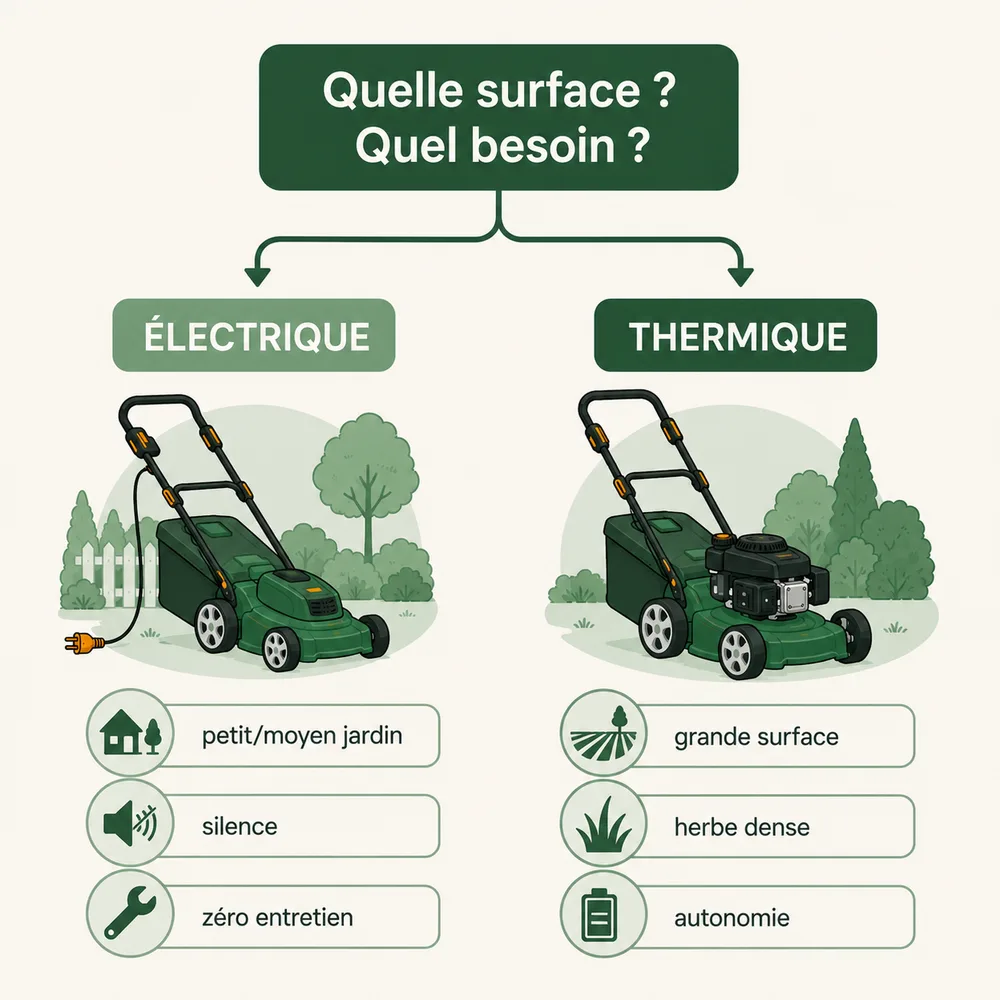 Schéma de décision : électrique pour petit ou moyen jardin silencieux, thermique pour grande surface