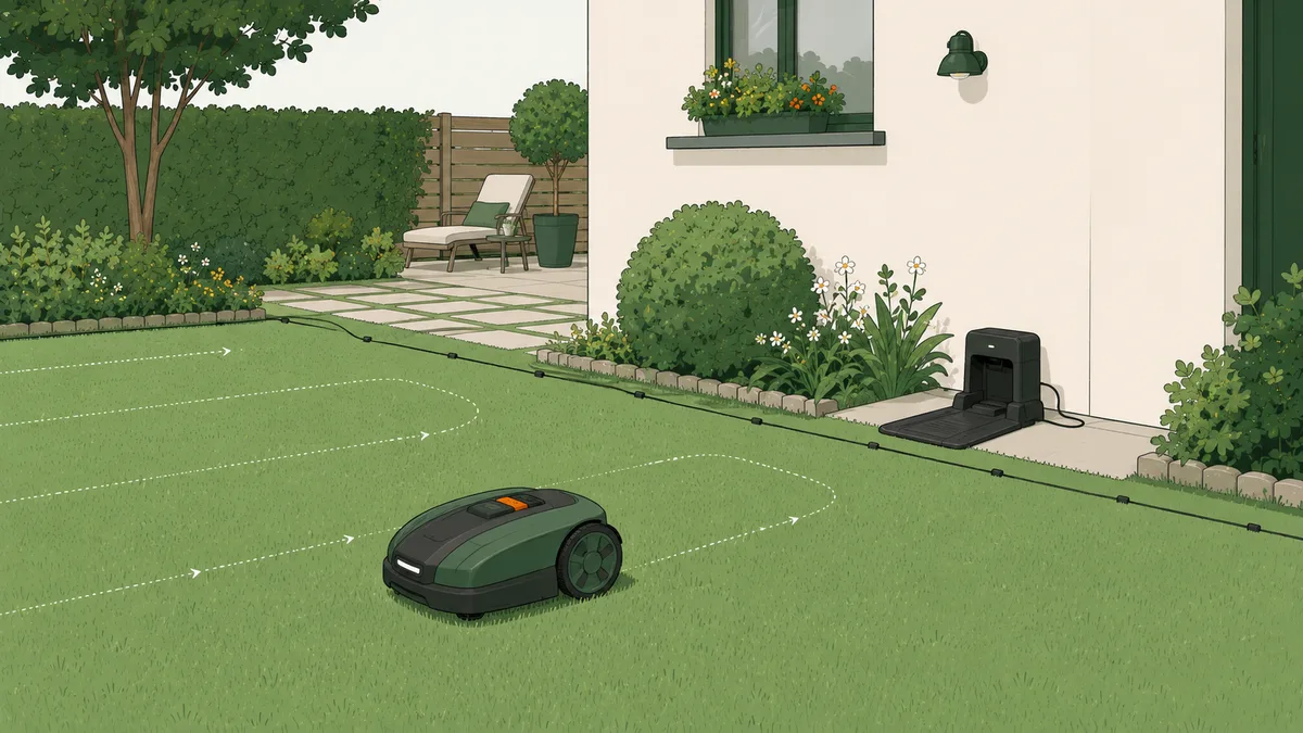 Tondeuse robot tondant une pelouse résidentielle, avec sa station de recharge au bord