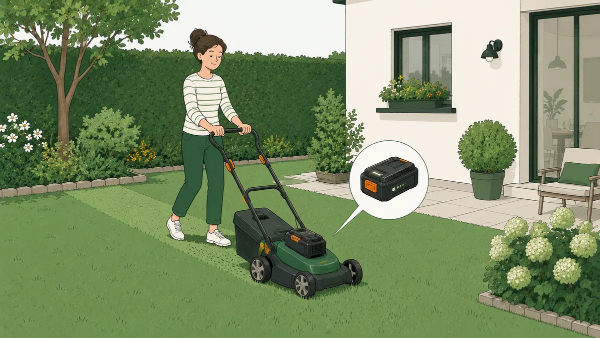 Tondeuse sur batterie sans fil tondant un jardin de taille moyenne, batterie amovible visible