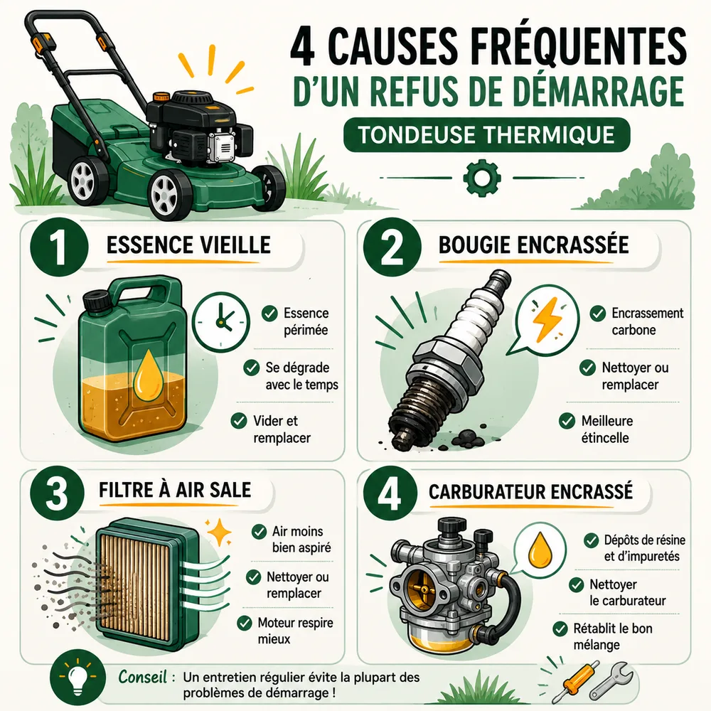 Schéma des quatre causes d'un refus de démarrage : essence, bougie, filtre à air, carburateur